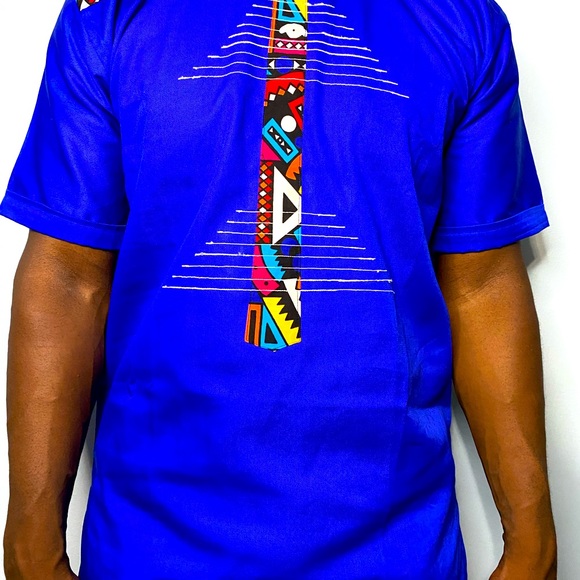 Men’s African Clothing Print Blue/Royal Blue African Top Mens Sizes S-XL - Picture 2 of 4